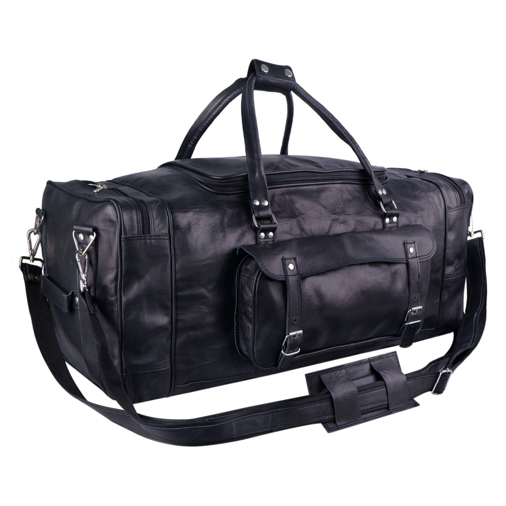 Black Leather Travel Duffel Bag + Free Toiletry Bag