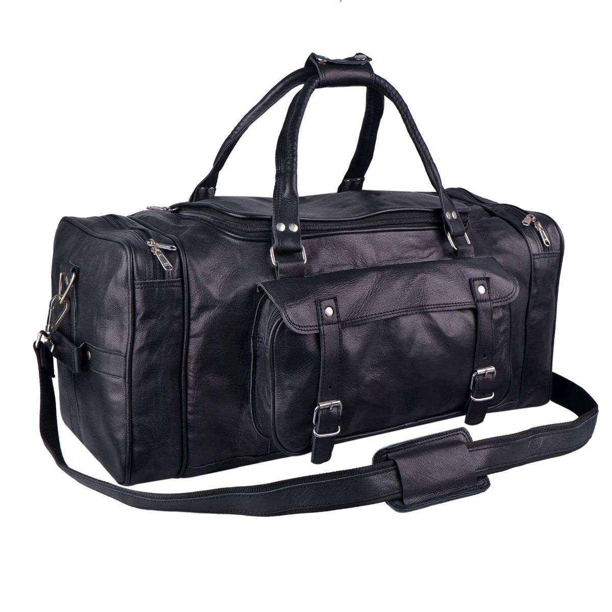 Black Leather Travel Duffel Bag + Free Toiletry Bag