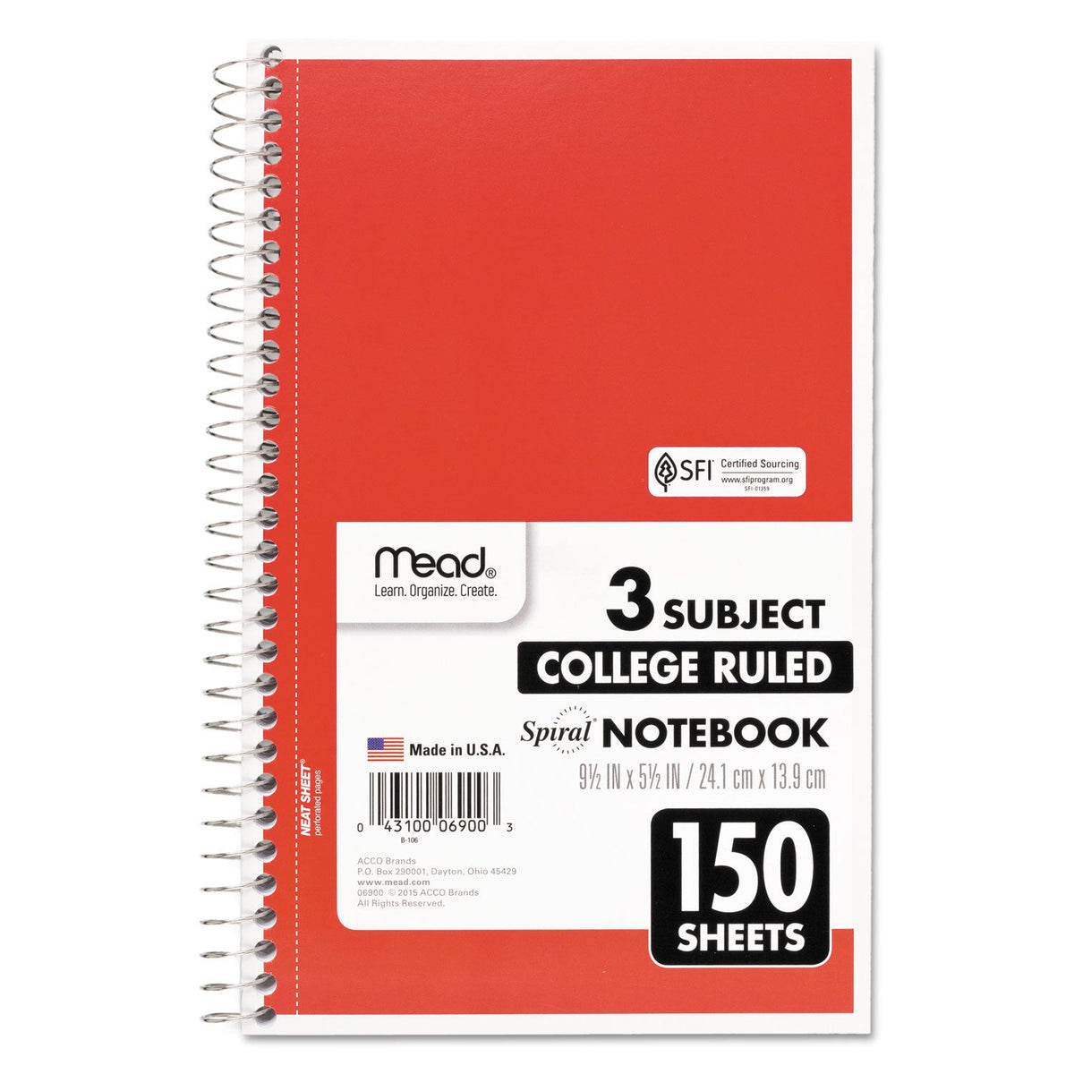 Mead Spiral Notebook, 3 Subject, Medium/College Rule, Randomly Assorted Covers, 9.5 x 5.5, 150 Sheets