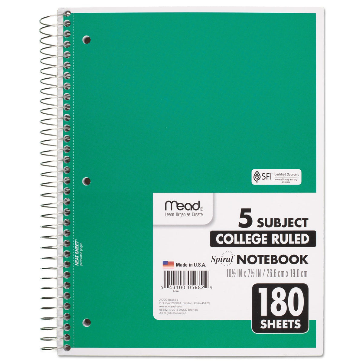 Mead Spiral Notebook, 5 Subject, Medium/College Rule, Randomly Assorted Covers, 10.5 x 8, 180 Sheets