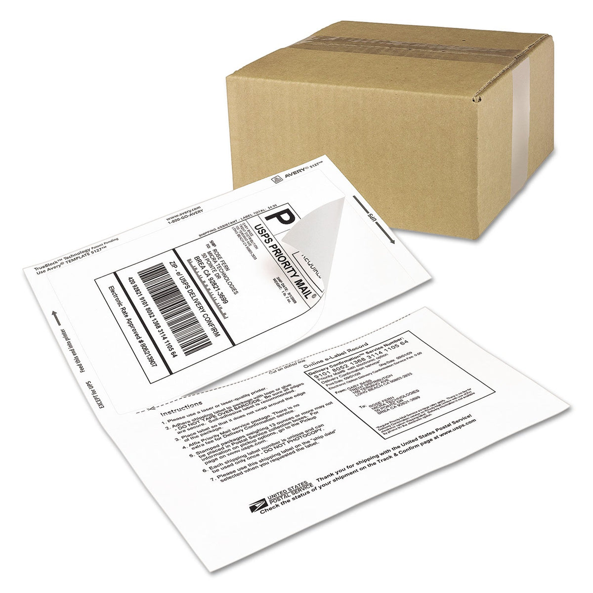 Avery Shipping Labels with Paper Receipt and TrueBlock Technology, Inkjet/Laser Printers, 5.06 x 7.63, White, 50/Pack