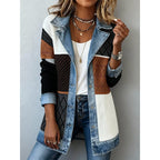 Denim Patchwork Button-Down Jacket – Long Sleeve Lapel Top for Women
