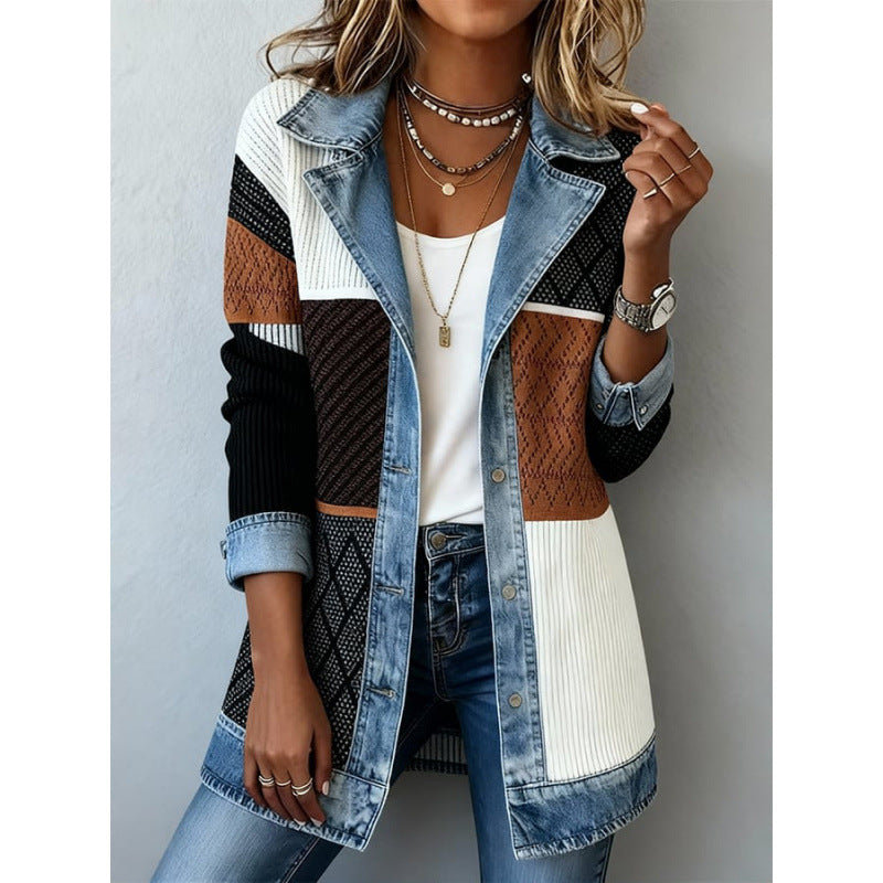 Denim Patchwork Button-Down Jacket – Long Sleeve Lapel Top for Women