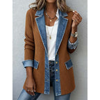 Denim Patchwork Button-Down Jacket – Long Sleeve Lapel Top for Women
