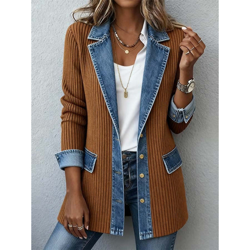 Denim Patchwork Button-Down Jacket – Long Sleeve Lapel Top for Women