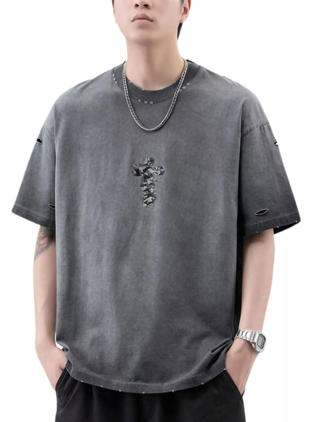 Men's Plus Size Distressed Camo Cross Graphic T-Shirt
