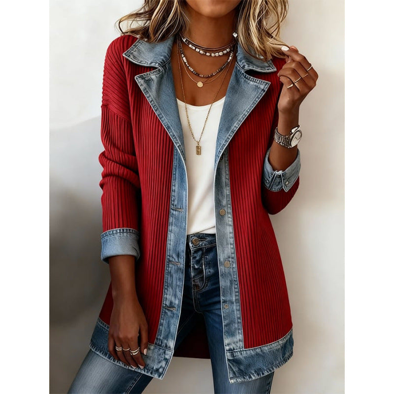 Denim Patchwork Button-Down Jacket – Long Sleeve Lapel Top for Women
