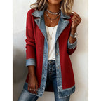Denim Patchwork Button-Down Jacket – Long Sleeve Lapel Top for Women
