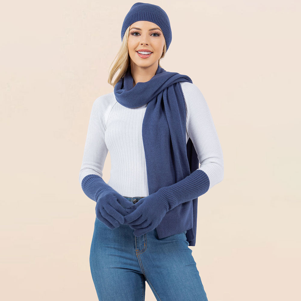 3PCS - Solid Winter Beanie Hat Scarf Gloves Set