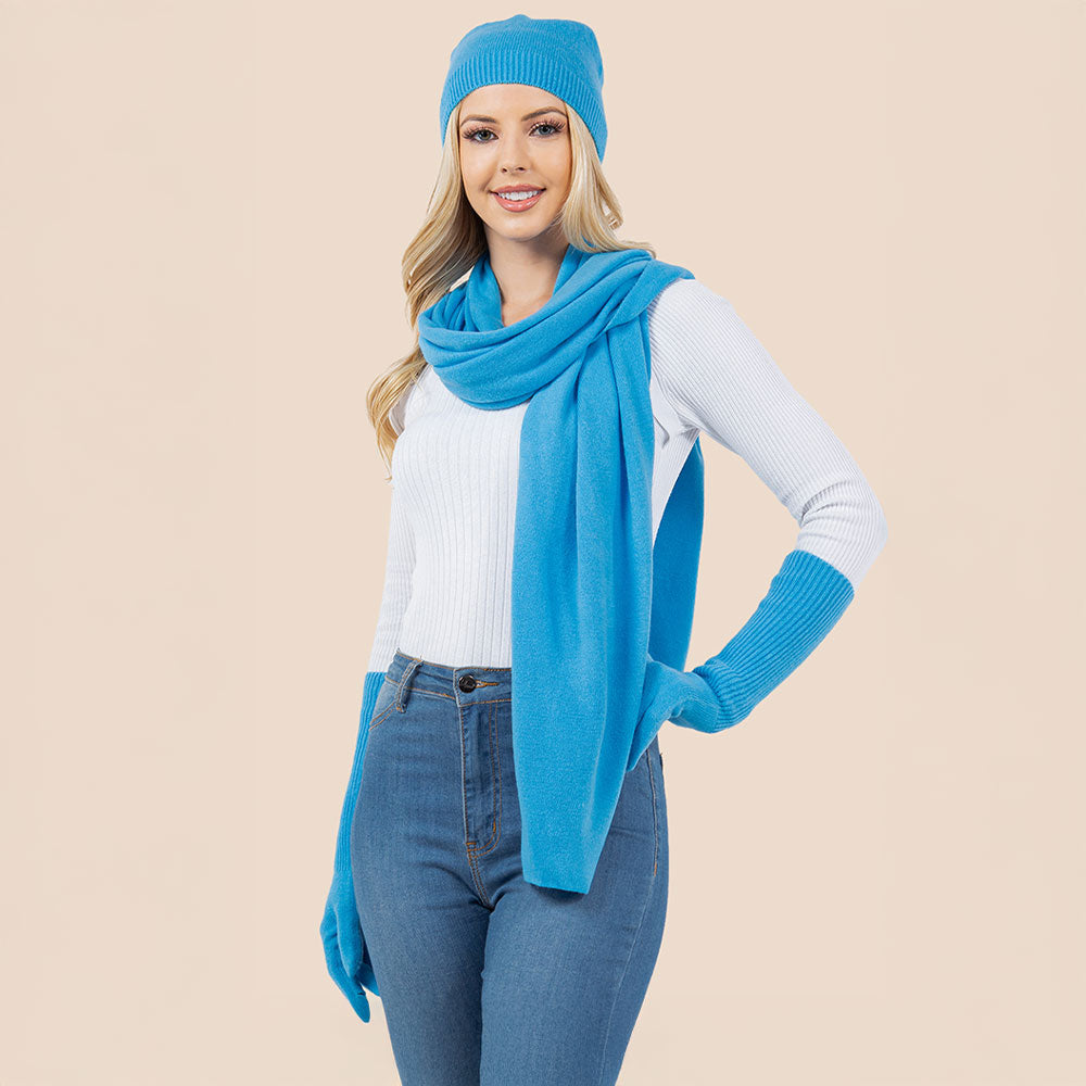 3PCS - Solid Winter Beanie Hat Scarf Gloves Set
