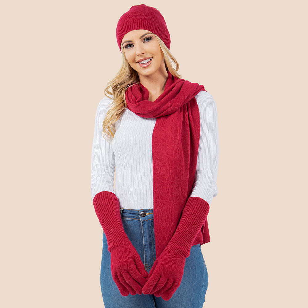 3PCS - Solid Winter Beanie Hat Scarf Gloves Set