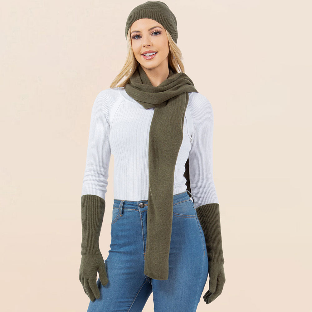 3PCS - Solid Winter Beanie Hat Scarf Gloves Set