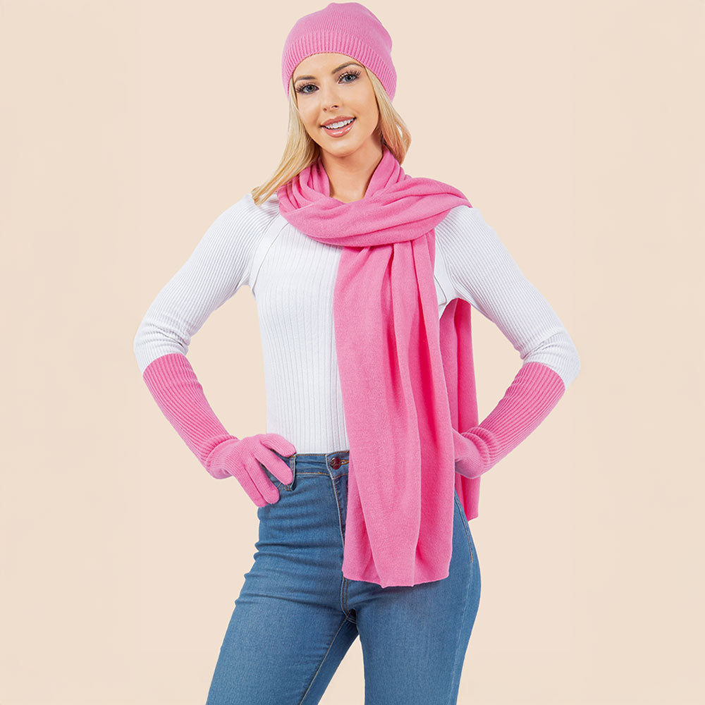 3PCS - Solid Winter Beanie Hat Scarf Gloves Set