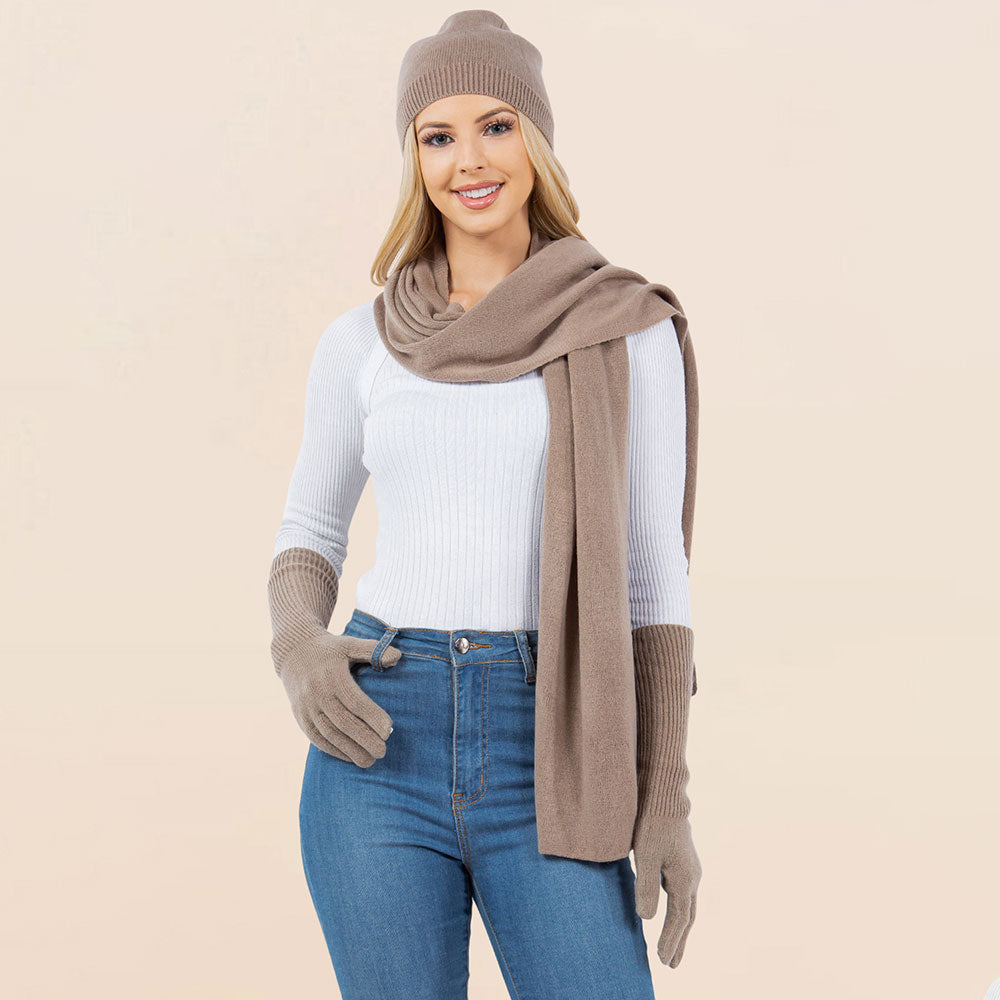 3PCS - Solid Winter Beanie Hat Scarf Gloves Set