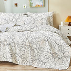 Tache Modern Abstract Leaf Line Art Foliage White Grey Black Gold Reversible Quilt Set (TJ357)