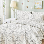 Tache Modern Abstract Leaf Line Art Foliage White Grey Black Gold Reversible Quilt Set (TJ357)