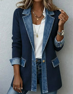 Denim Patchwork Button-Down Jacket – Long Sleeve Lapel Top for Women