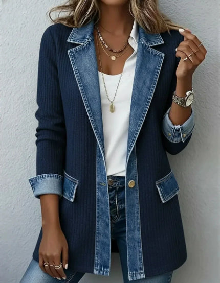 Denim Patchwork Button-Down Jacket – Long Sleeve Lapel Top for Women