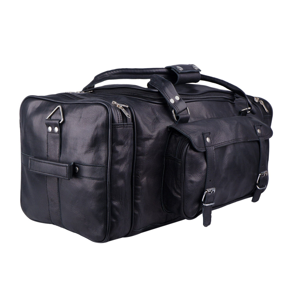 Black Leather Travel Duffel Bag + Free Toiletry Bag