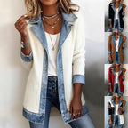 Denim Patchwork Button-Down Jacket – Long Sleeve Lapel Top for Women