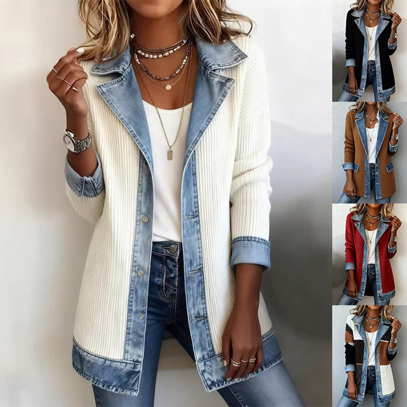 Denim Patchwork Button-Down Jacket – Long Sleeve Lapel Top for Women