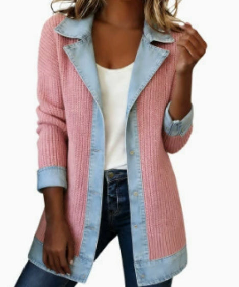 Denim Patchwork Button-Down Jacket – Long Sleeve Lapel Top for Women