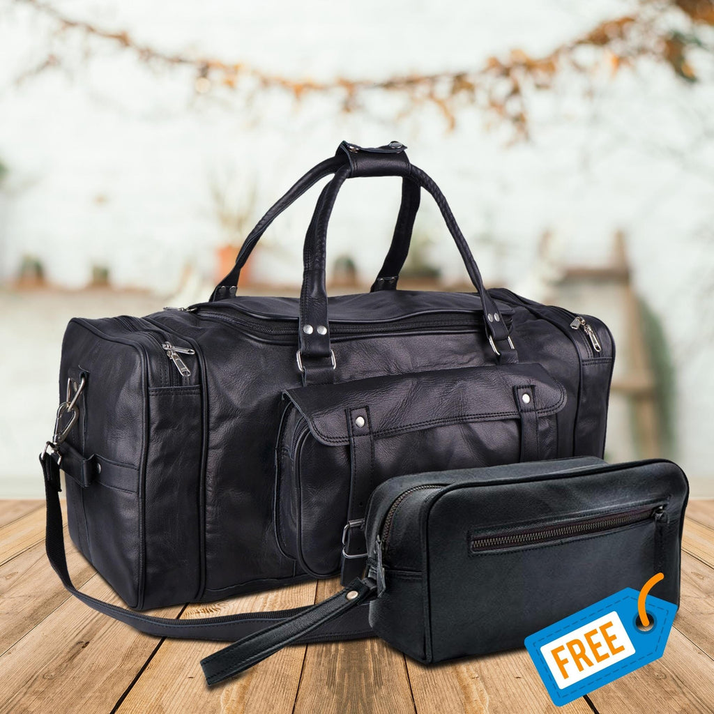 Black Leather Travel Duffel Bag + Free Toiletry Bag
