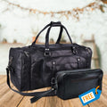 Black Leather Travel Duffel Bag + Free Toiletry Bag