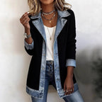 Denim Patchwork Button-Down Jacket – Long Sleeve Lapel Top for Women