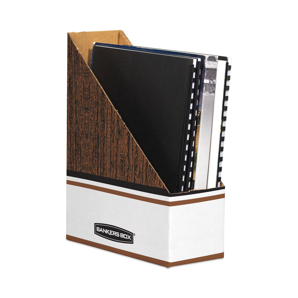 Bankers Box Corrugated Cardboard Magazine File, 4 x 9 x 11.5, Wood Grain, 12/Carton