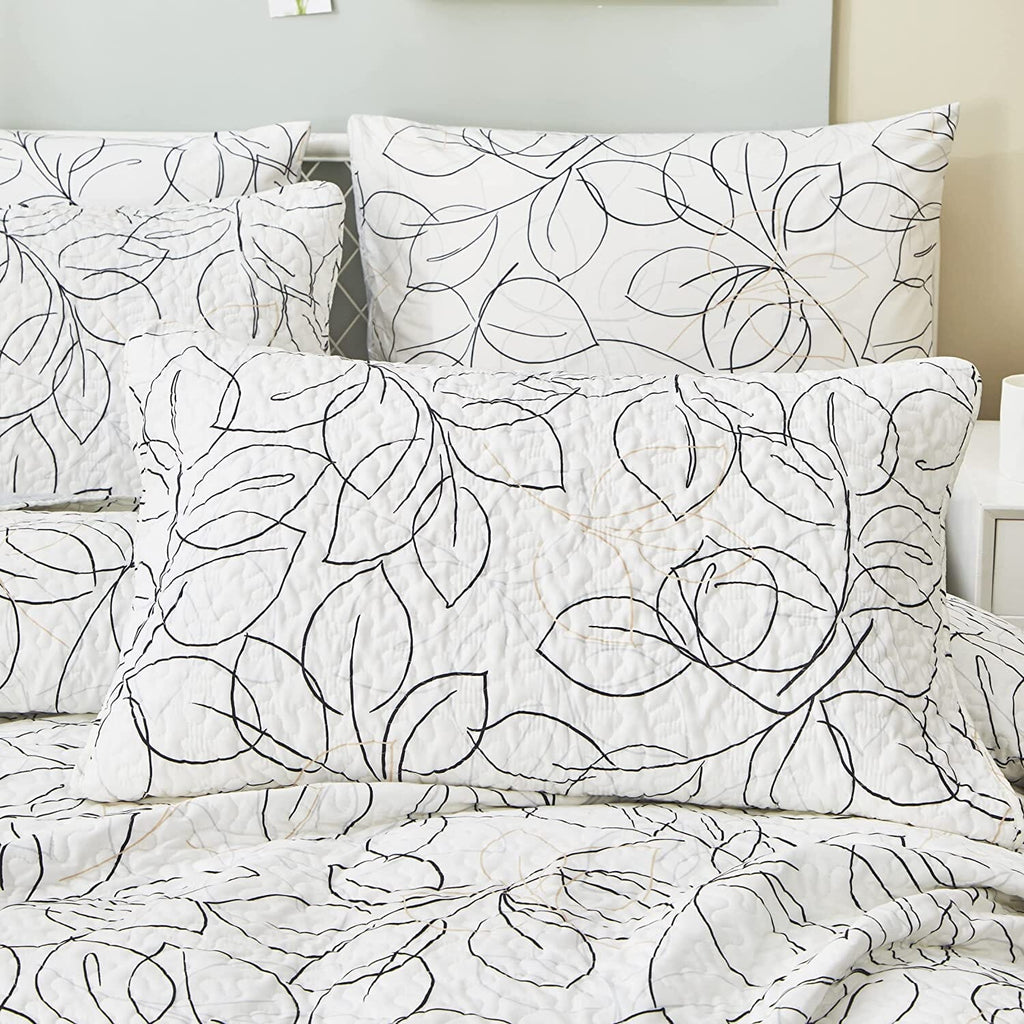 Tache Modern Abstract Leaf Line Art Foliage White Grey Black Gold Pillow Shams (TJ3571)