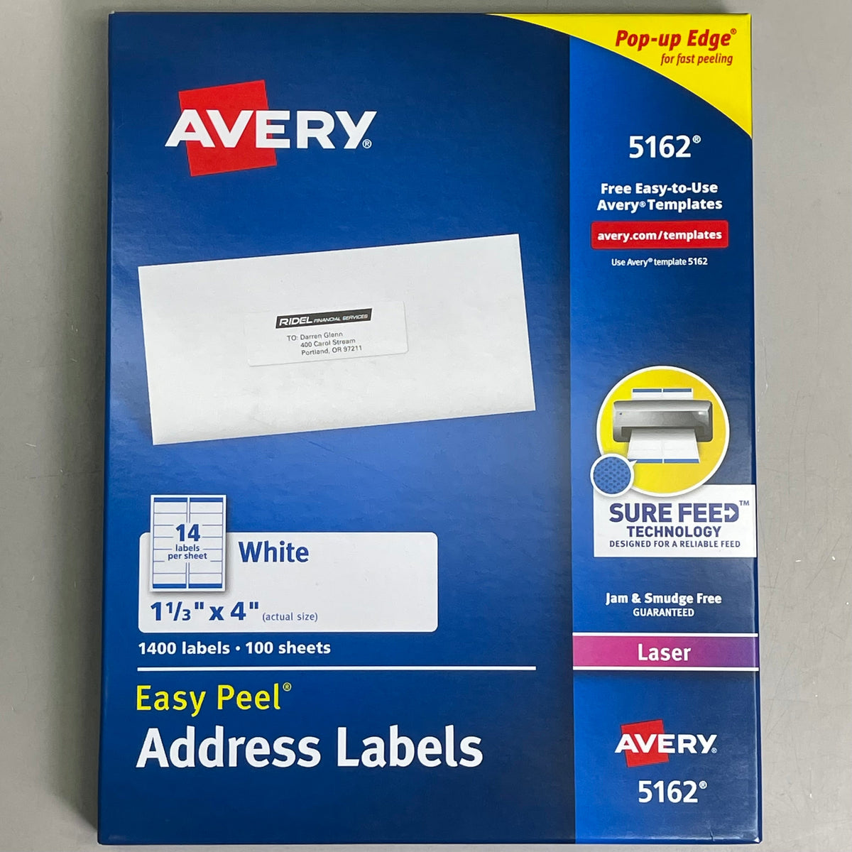 AVERY Easy Peel Sure Feed Address Labels 14 Sheet 1-1/3"x 4" Adhesive White 5162