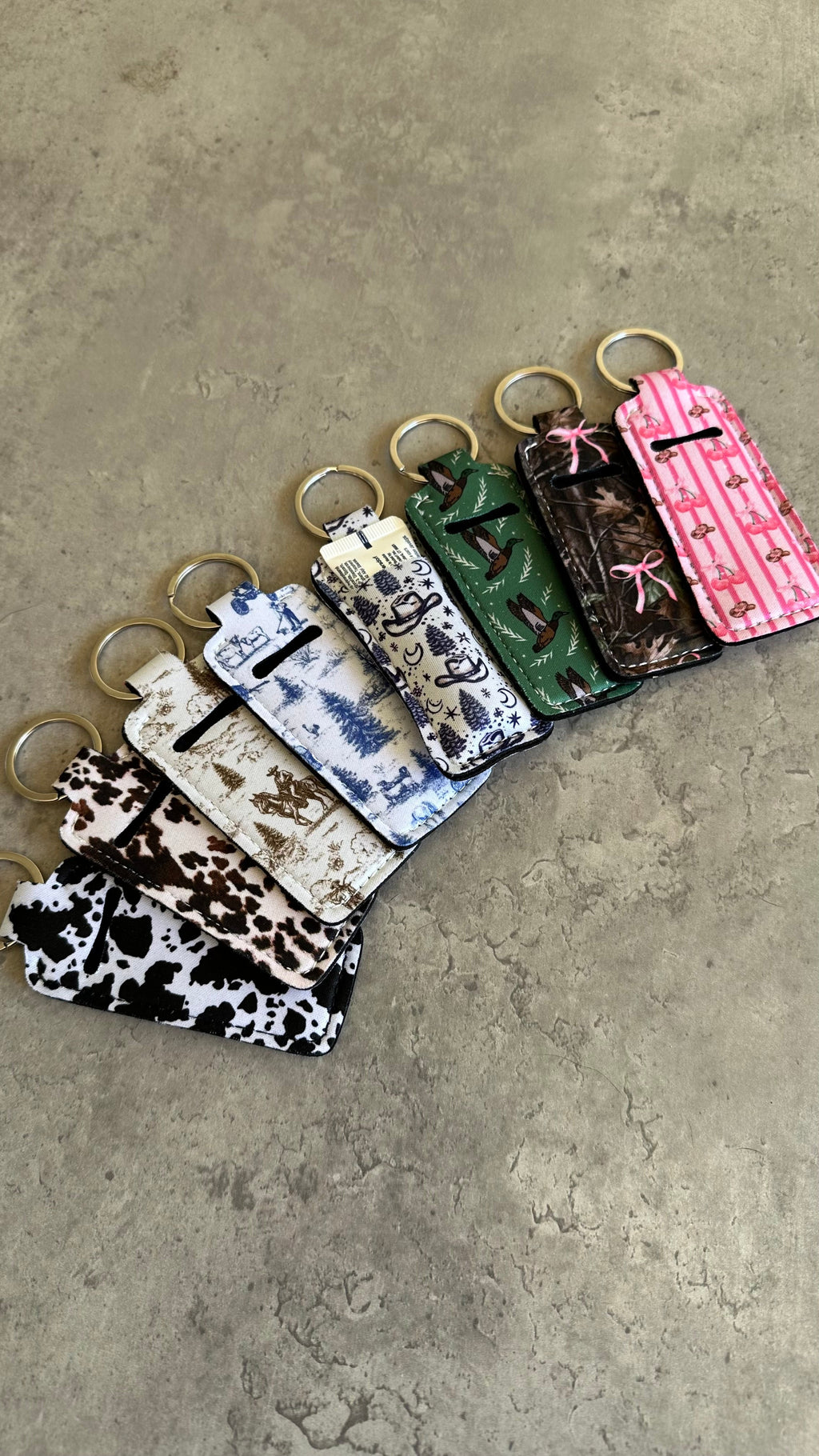 Chapstick Holder Keychain – Cow Print, Camo Pink Bow, Cowboy Toile, Barn Toile, croquette, duck, moon