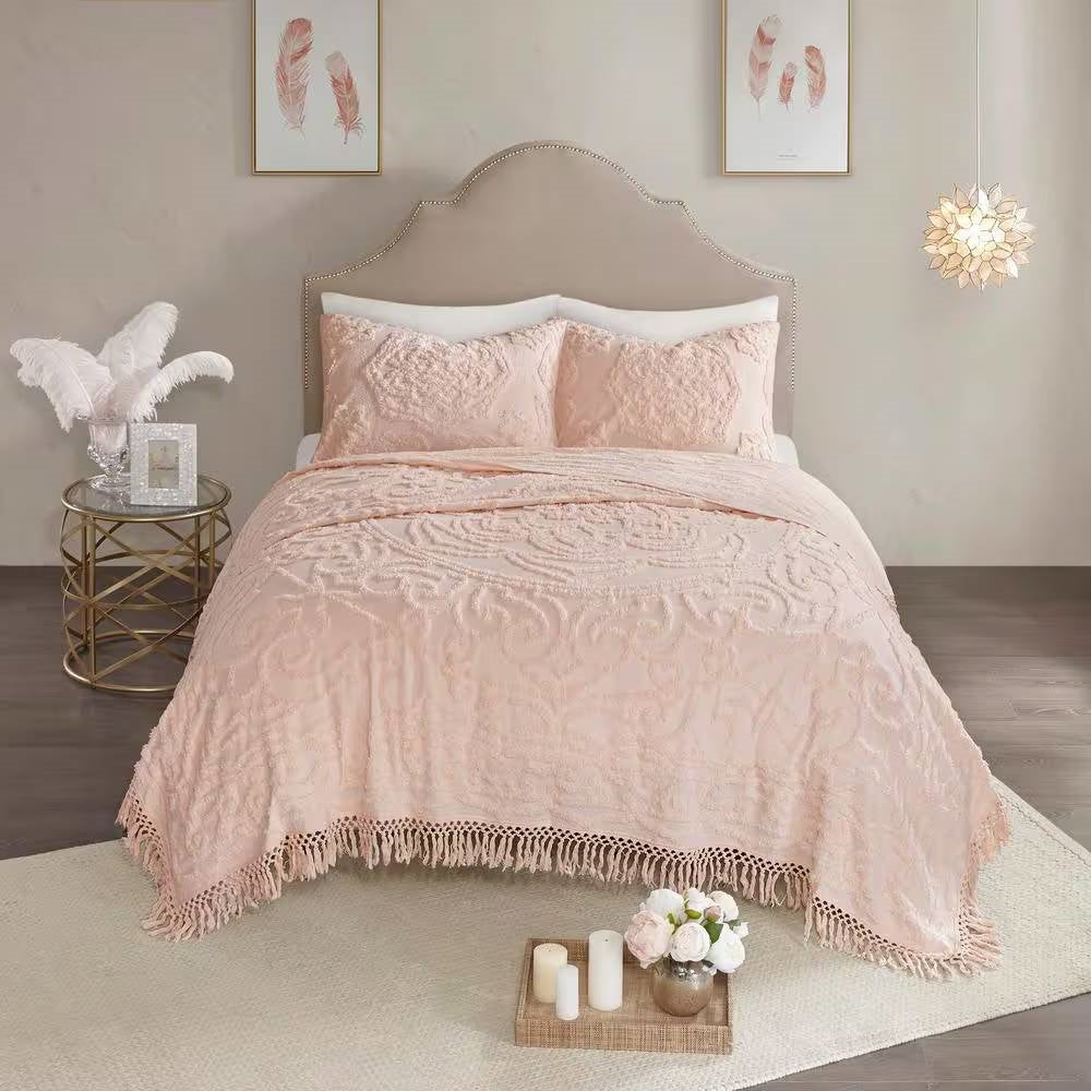 Full/Queen 100-Percent Cotton Chenille Bedspread with Fringe Hem in Pink Blush