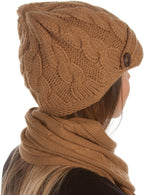 Sakkas Womens 2-piece Cable Knitted Visor Beanie Scarf and Hat Set with Button