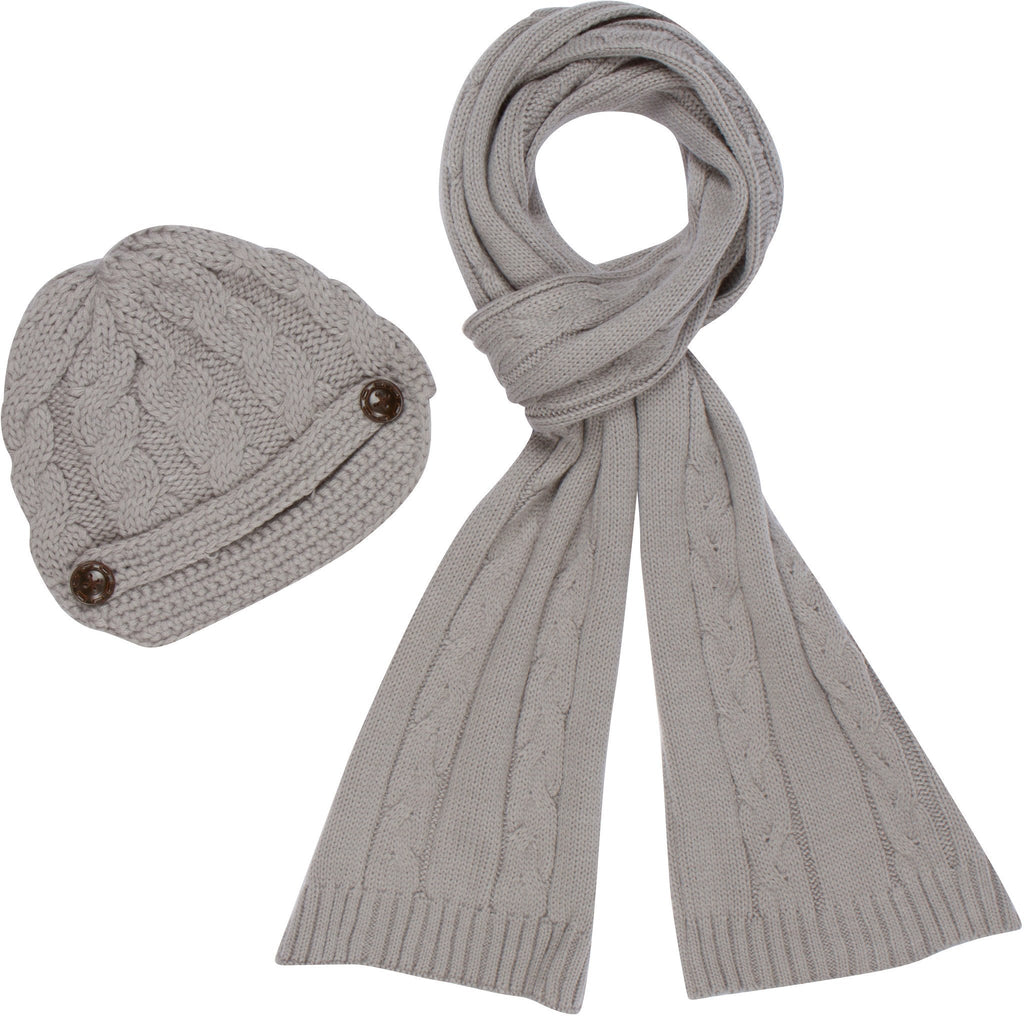 Sakkas Womens 2-piece Cable Knitted Visor Beanie Scarf and Hat Set with Button