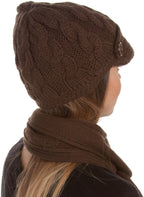Sakkas Womens 2-piece Cable Knitted Visor Beanie Scarf and Hat Set with Button