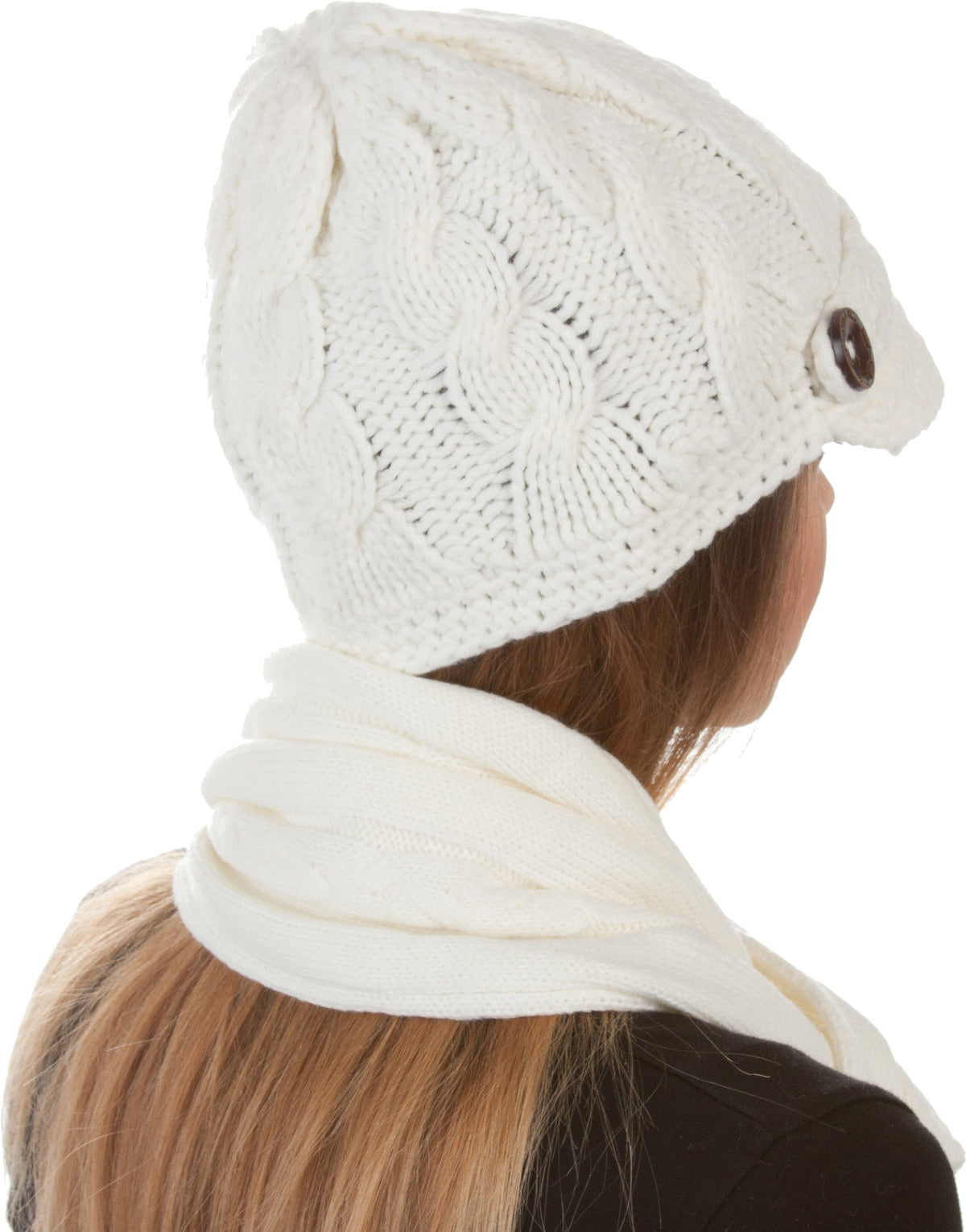 Sakkas Womens 2-piece Cable Knitted Visor Beanie Scarf and Hat Set with Button