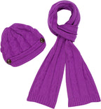 Sakkas Womens 2-piece Cable Knitted Visor Beanie Scarf and Hat Set with Button