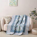 Tache Petal Dance White Blue Floral Vintage Garden Scalloped Cotton Patchwork Quilted Throw Blanket (JHW-646)