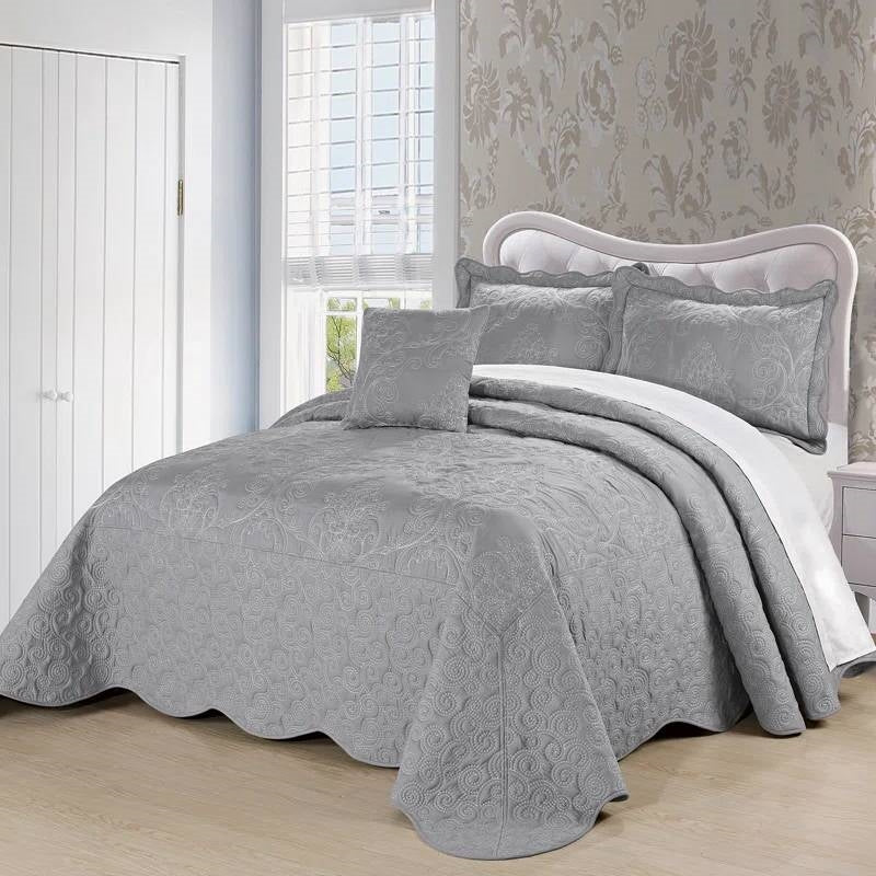 King size Ash Grey Damask Embroidered 4 Piece Oversized Bedspread Set
