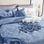 Tache Satin Floral Lace Ruffle Sweet Victorian Luxurious Blue Comforter Set (MZ002B)