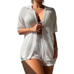 Women's Casual Solid Color Short Sleeve Mesh Boxer Swimwear Set