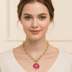 Bold Oval Gemstone Pendant Brushed Metal Chunky Chain Toggle Necklace