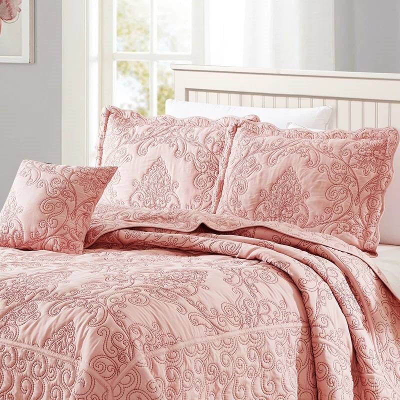 Queen size Dusty Pink Damask Embroidered 4 Piece Oversized Bedspread Set