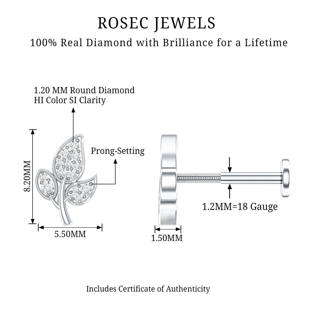 Diamond Leaf Flat Back Cartilage Stud Earring (18G) – Nature Inspired Helix & Tragus Jewelry in Gold