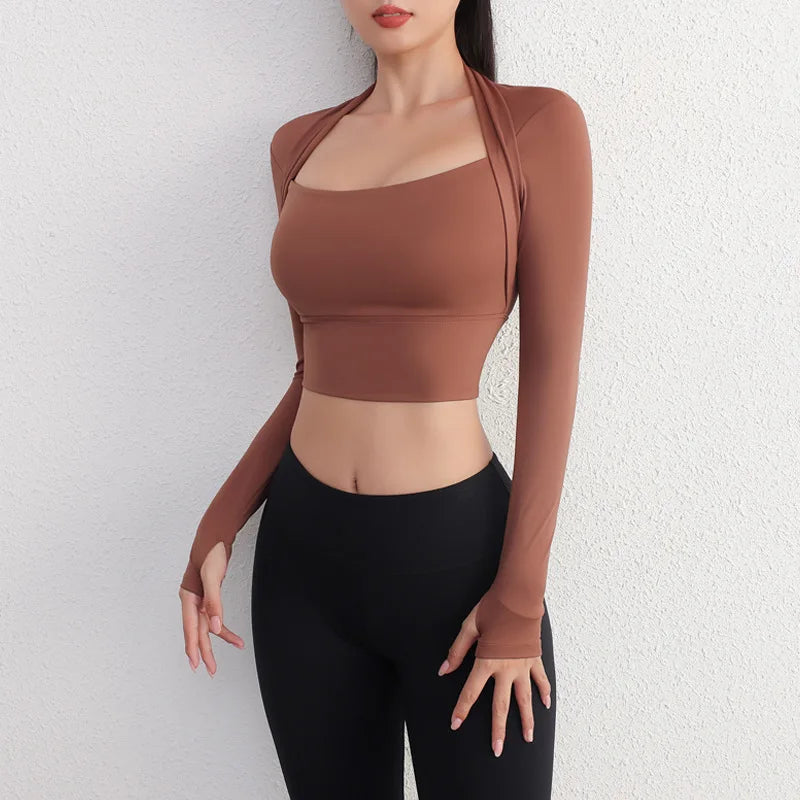 Padded Yoga Shirts Long Sleeve  Crop Tops Low Cut Gym Shirt