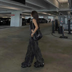 Aged Washed Wide-Leg Denim Strap Pants Women