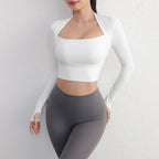 Padded Yoga Shirts Long Sleeve  Crop Tops Low Cut Gym Shirt