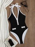 Sexy Deep V Halter High Cut One Piece Swimsuit